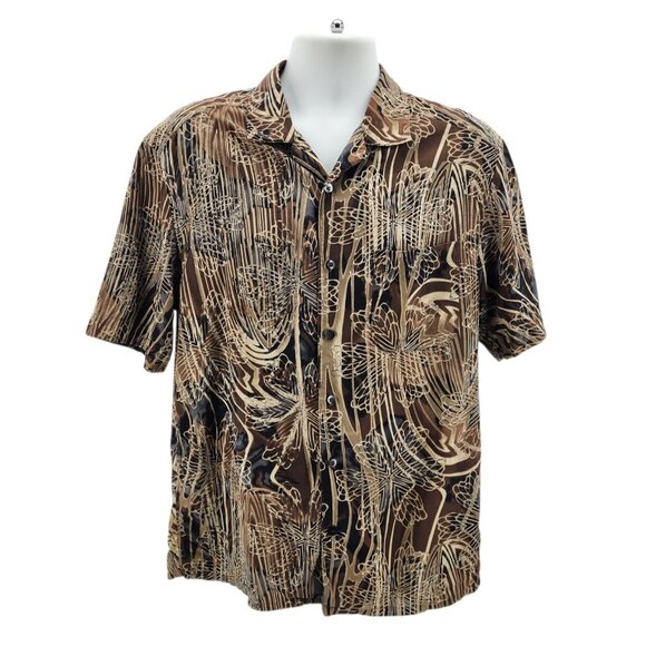 Axis LA Mens Medium Shirt Silk Hawaiian Floral Tan Brown Black Tropical Party - Picture 10 of 10